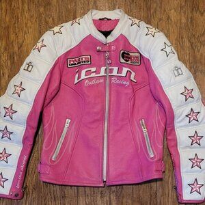 ICON Kitty Womens Motorcycle Jacket Outlaw Racing Leather Pink White Large L